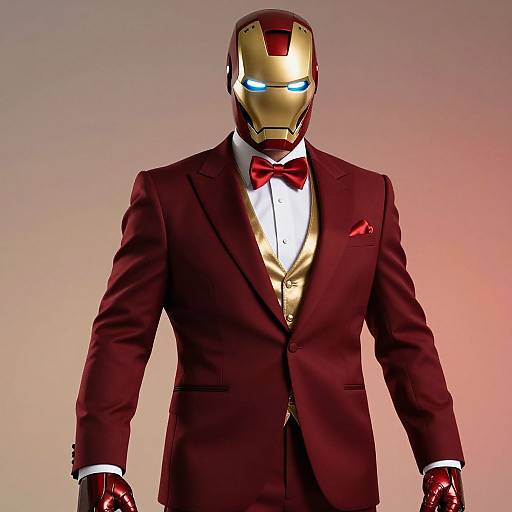 Photograph of a humanoid figure in a red tuxedo, gold armor helmet with glowing blue eyes, red bow tie, and matching gloves. Background