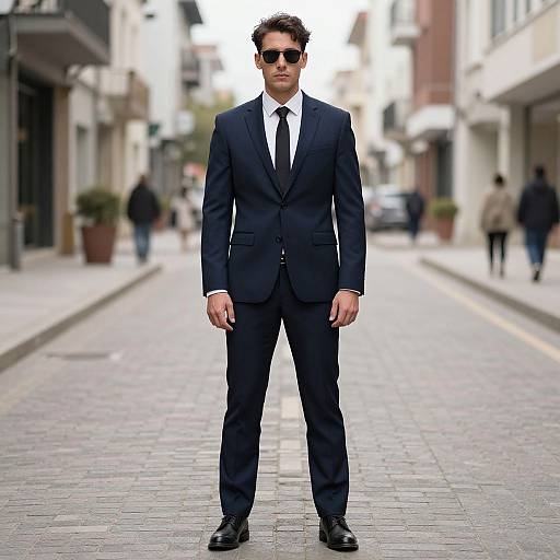Photograph of a tall, dark-haired man in a black suit, white shirt, black tie, and sunglasses standing confidently on a cobblestone street