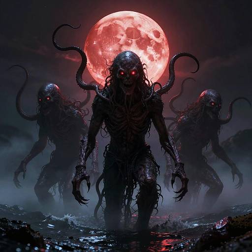 Digital artwork: Silhouetted, menacing, tentacled creatures with glowing red eyes and curled horns emerge from dark, choppy water under a