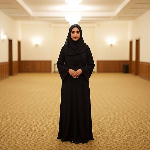 Photograph of a smiling South Asian woman in a black hijab and long black dress standing in an empty, carpeted hallway.