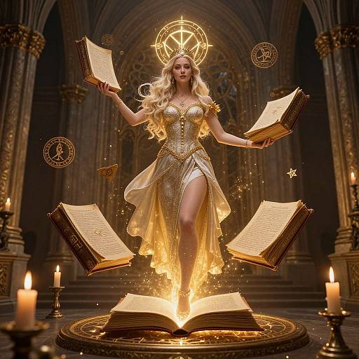 Elegant Sorceress Levitating Spellbooks