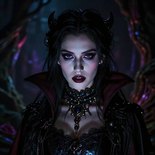Digital art of a dark, gothic woman with glowing blue eyes, black horns, deep red lips, spiked choker, and black lace dress,