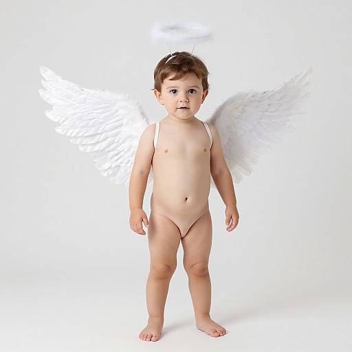 Photograph of a nude, fair-skinned baby with brown hair, small angel wings, standing against a white background, looking directly at the camera.