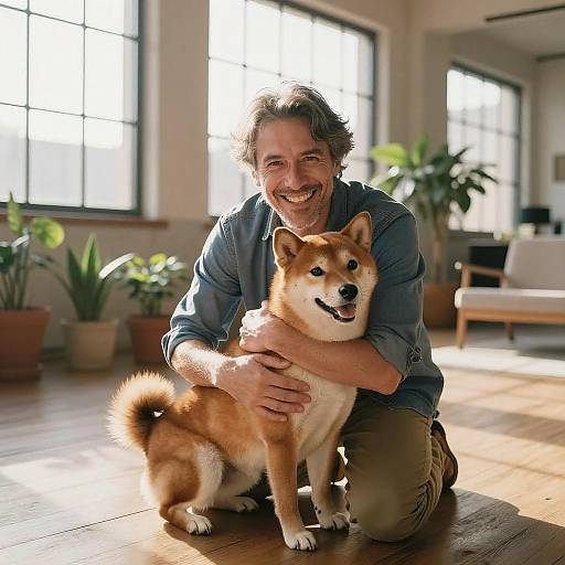 Joyful Man and Shiba Inu in Loft