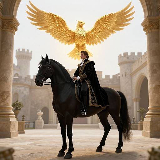 Photorealistic digital art: A dark-haired man in ornate black and gold attire rides a black horse, with a golden eagle with wings spread behind