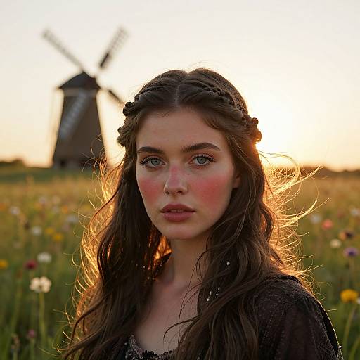 Photograph of a young woman with long, wavy brown hair, fair skin, and pink cheeks, standing in a sunlit meadow with a