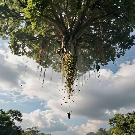 Photograph of a massive tree with hanging fruit clusters, a small person climbing, set against a bright, partly cloudy sky.