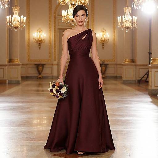 Photograph of a slender, dark-haired woman in a one-shoulder, dark brown evening gown, holding a floral bouquet, standing in an elegant