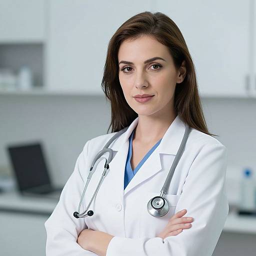 Photograph of a serious, fair-skinned woman with long brown hair, wearing a white lab coat and stethoscope, standing in a bright,