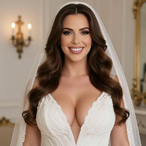 Photograph of a smiling brunette bride with long wavy hair, wearing a deep V-neck white lace wedding dress and veil, standing in an elegant,
