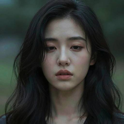 Photograph of an Asian woman with long, dark, slightly messy hair, pale skin, and neutral expression, set against a blurred green outdoor background.