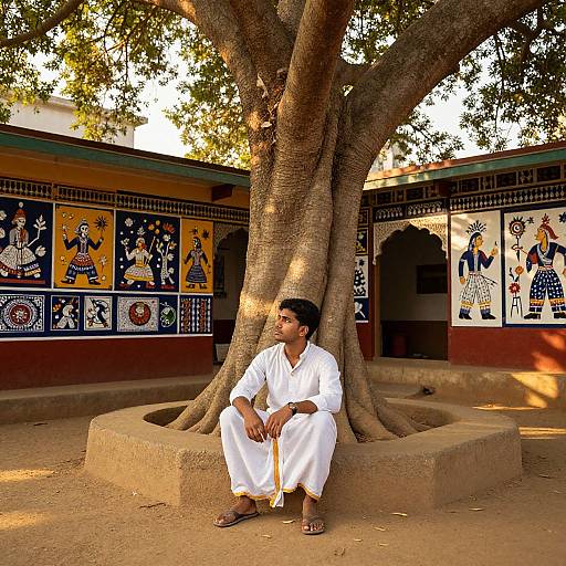 Photograph of a South Asian man in white traditional attire, sitting under a large tree in a sunlit courtyard with colorful mural-adorned walls.