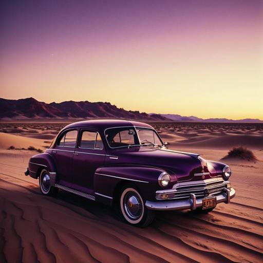 Vintage Car on Desert Road at Sunset Vintage Car on Desert Road at Sunset