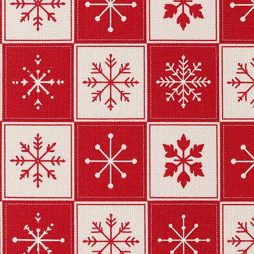 Digital pattern of red and white grid squares, each containing a different stylized white snowflake design, creating a festive, winter-themed look.