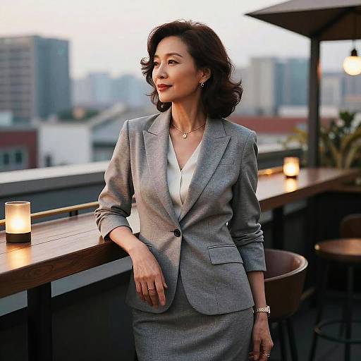 Photograph of an elegant Asian woman in a gray blazer and white blouse, standing on a rooftop bar at sunset, cityscape background, candles on