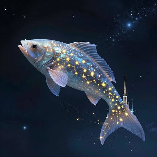Digital art of a glowing blue fish adorned with sparkling stars and miniature Eiffel Towers against a dark, starry sky.