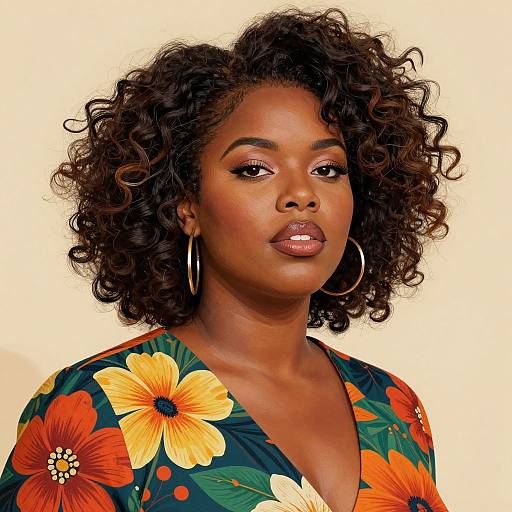Photograph of a confident Black woman with curly hair, wearing a floral dress with orange and yellow flowers, and large silver hoop earrings, against a plain