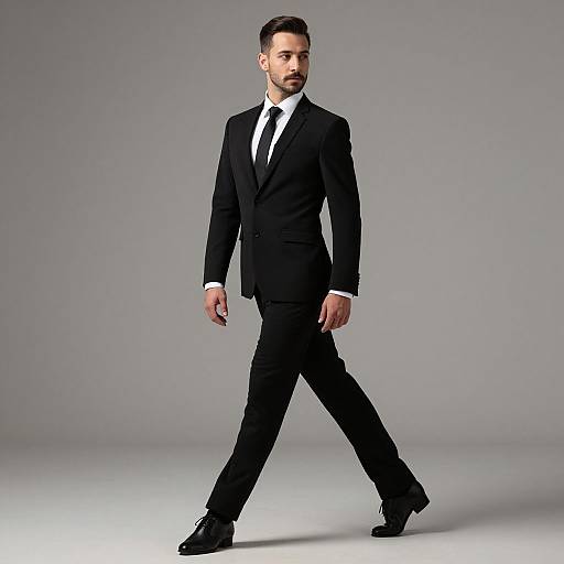 Photograph of a handsome, bearded man in a black suit, white shirt, and black tie, walking confidently against a plain gray background.