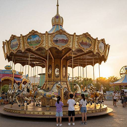 Photograph of a vintage carousel at sunset, with three children in front, colorful horses, golden trim, and vibrant paintings on the canopy.
