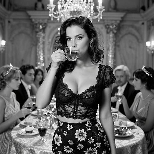 Photograph of a dark-haired woman in black lace top and floral skirt, sipping wine at an elegant, candlelit dinner party.