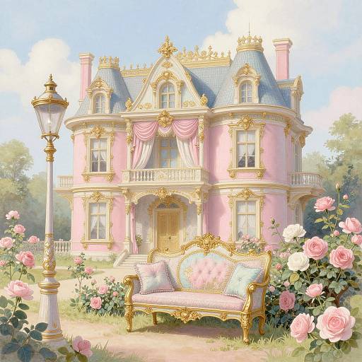 Digital painting of a grand, pink, Victorian-style mansion with gold accents, surrounded by blooming roses, and an ornate, gold-framed sofa