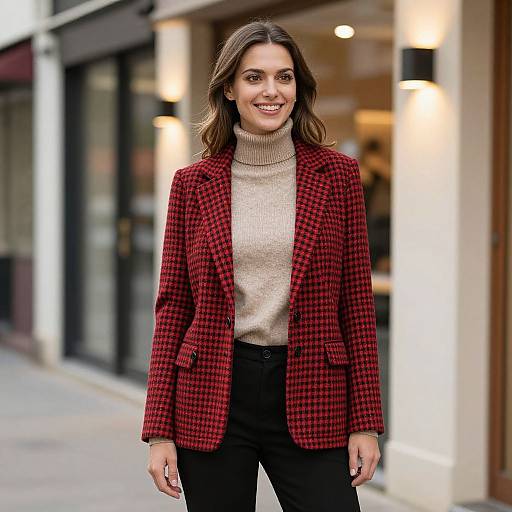 Photograph of a smiling woman with shoulder-length brown hair, wearing a red checkered blazer, beige turtleneck, and black pants, standing