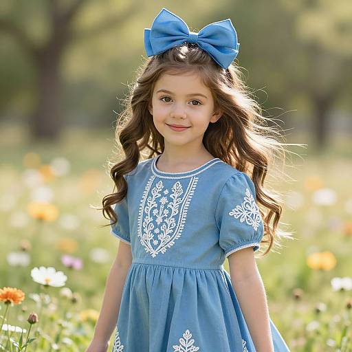 Young Girl in Blue Dress with Bow in Sunny Meadow