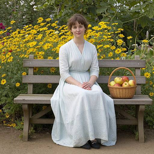 Photograph of a woman in a white, long-sleeved, embroidered dress sitting on a wooden bench, with a basket of apples and yellow flowers