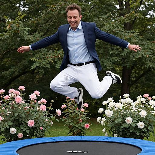 Joyful Man Jumping on Trampoline