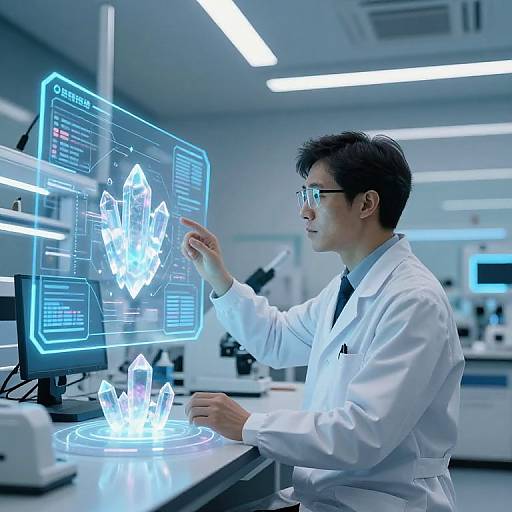 Photograph of a male scientist in a white lab coat, wearing glasses, interacting with holographic crystal displays on a computer screen in a modern, brightly