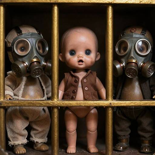 Eerie Doll Trio Behind Golden Bars