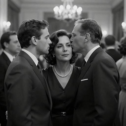 Black and White Photograph of Three People in Formal Attire