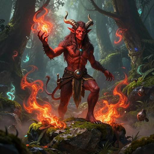 Tiefling Druid Summoning Fire in Enchanted Forest