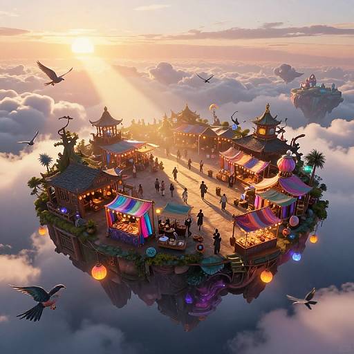 Fantastical floating market at sunset, adorned with colorful stalls, lanterns, and traditional Asian architecture, surrounded by clouds and flying birds. Digital art