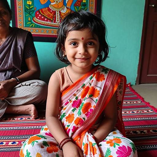 Photograph of a young Indian girl with dark hair, wearing an orange and red floral saree, sitting on a patterned rug, smiling, with