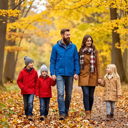 Photograph of a family walking through an autumn forest; parents in blue and brown coats, two children in red and white jackets, holding hands, surrounded