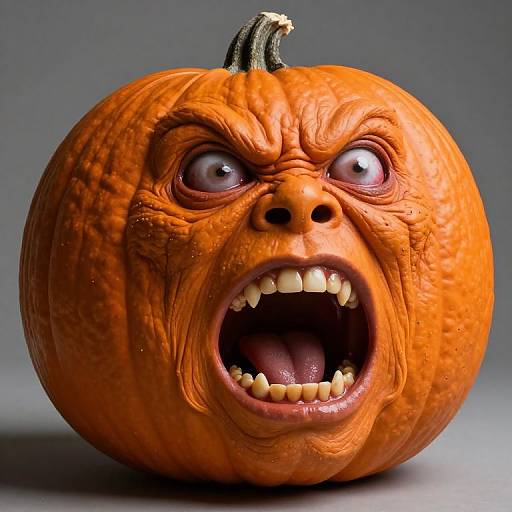 Photograph of a grotesque, orange pumpkin with exaggerated, angry facial features, bulging eyes, furrowed brows, open mouth showing sharp teeth