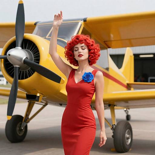 Vibrant Woman with Plane and Rose