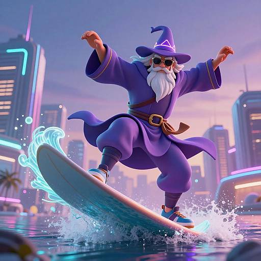 Dynamic Wizard Surfing on Neon Wave