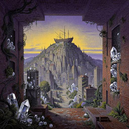 Pixel art of a crystal-filled, ruined brick archway framing a mystical city with a ship on a hill at sunset.