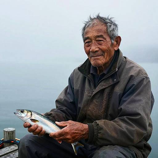 Photograph of an elderly Asian man with gray hair, smiling, holding a freshly caught fish, wearing a dark jacket, against a foggy sea background