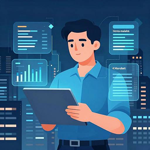 Digital illustration of a smiling man with short black hair, wearing a blue shirt, holding a tablet, surrounded by glowing blue data screens against a dark city