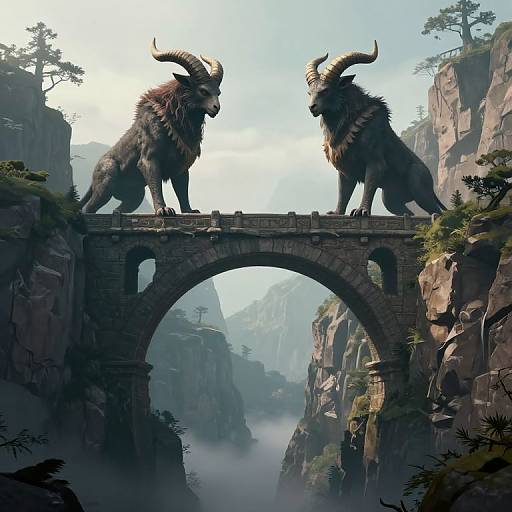 Digital artwork of two large, horned, mythical creatures facing each other on a stone arch bridge between towering, mist-covered cliffs.