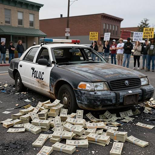Burned Police Car in Cyberpunk Currency Chaos
