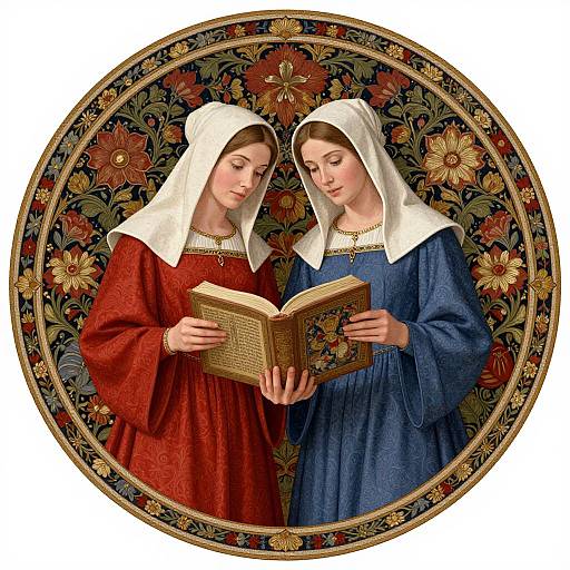 Two women in Renaissance-style dresses and white head coverings, reading a book together, framed by a floral circular border.