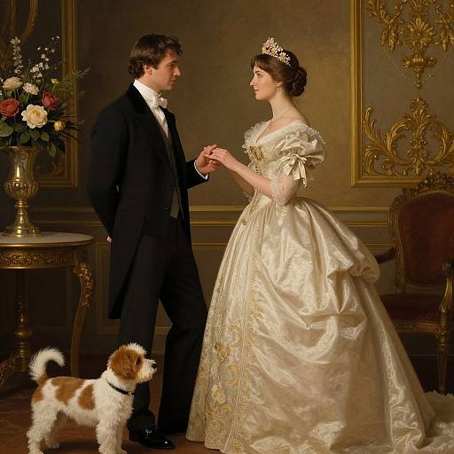 Photograph of a Victorian-style wedding scene: groom in black suit, bride in white satin gown holding hands, small brown and white dog at their feet