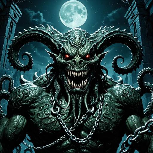 Primal Demon with Tentacles and Chains Under Full Moon