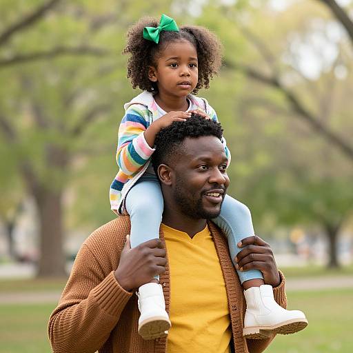 Photograph of a smiling Black man with short curly hair, wearing a yellow shirt and brown cardigan, carrying a curly-haired Black girl in colorful striped