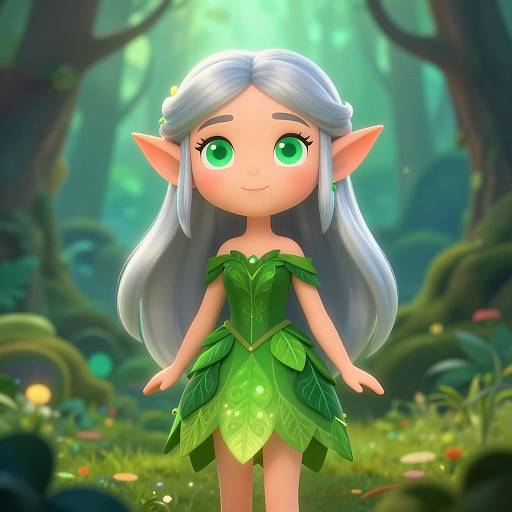 Digital art of a cute, chibi-style elf girl with silver hair, green eyes, and pointed ears, wearing a leafy green dress, standing