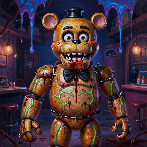 Digital illustration of a bloodied, glowing animatronic bear with green veins, black bowtie, and top hat in a dim, eerie bar with